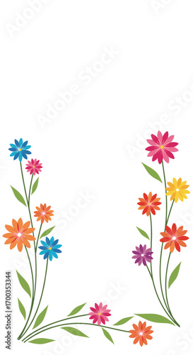 Vibrant spring daisy border with colorful blossoms and green stems perfect for any celebration or greeting card