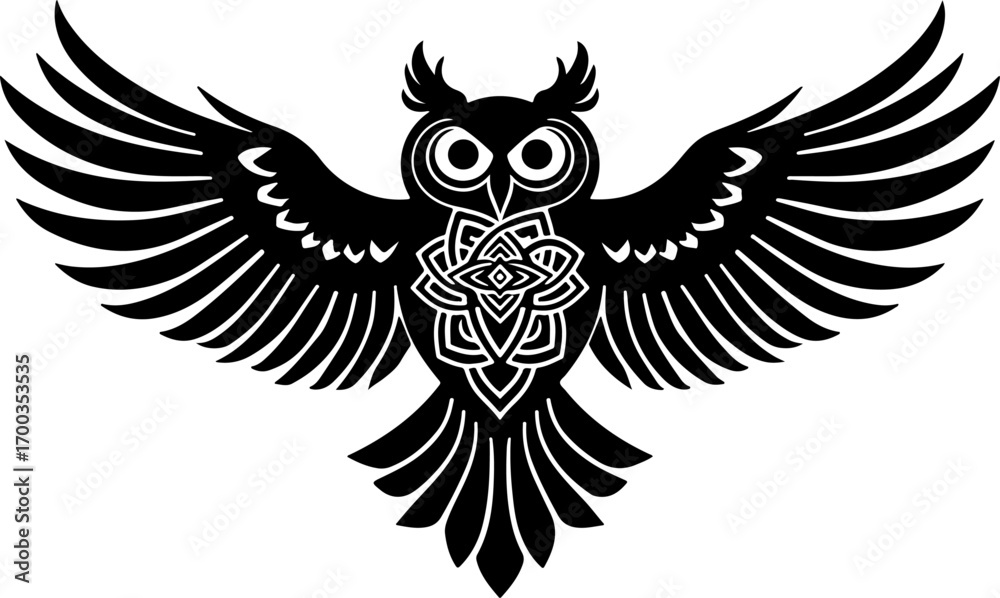 Fototapeta premium Tribal Owl Silhouette with Wings Spread Vector