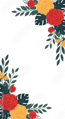 A floral arrangement of red and yellow roses with green leaves adorning the corners of the frame