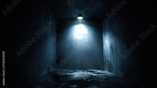 Dimly lit room with dark walls and single overhead light creates mysterious and eerie atmosphere. wet floor reflects light  enhancing sense of isolation and suspense