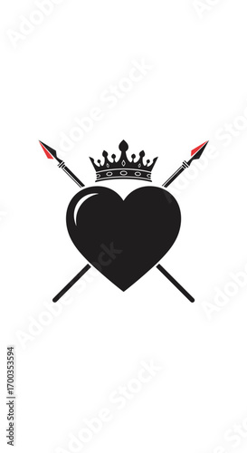 Symbolic heart crowned and pierced by arrows representing love royalty and adversity