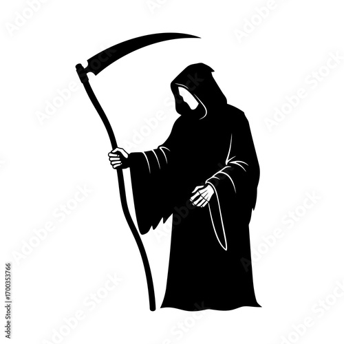Grim reaper holding a scythe silhouette isolated on white background