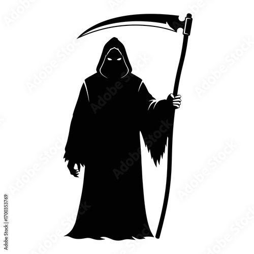 Grim reaper holding scythe silhouette isolated on white background