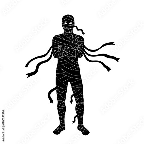 Silhouette of a mummy wrapped in bandages isolated on white background