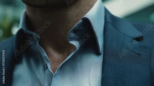 Detailed close up of a professional businessman wearing a modern blue suit and a finely striped dress shirt with focus on the collar and fabric texture