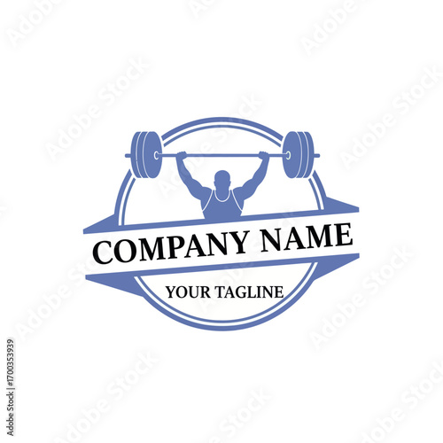 Stylized graphic logo showing a powerful weightlifter raising a barbell overhead, set within a blue and white circular emblem with placeholder text.