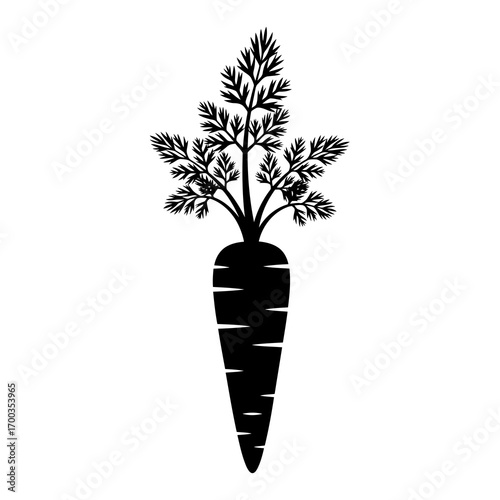 Black silhouette of a carrot with green leaves isolated on white background