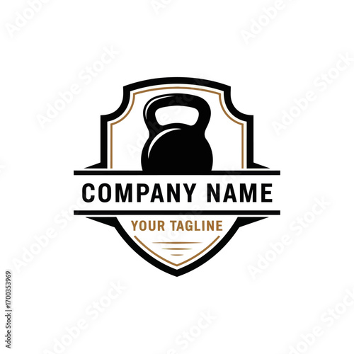 A vintage-style fitness logo featuring a black kettlebell within a decorative shield emblem with customizable text banners.