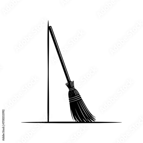 Broom leaning against a wall silhouette isolated on white background