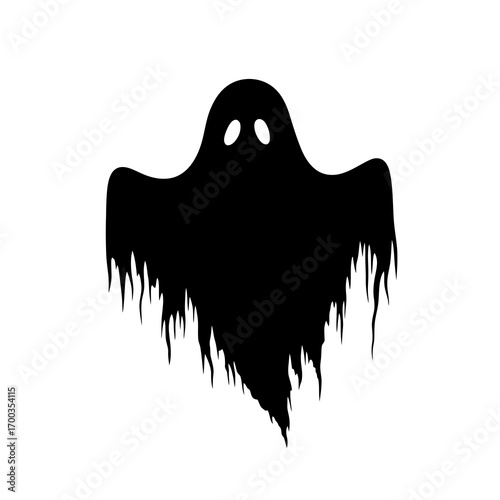 Black ghost silhouette with tattered edges isolated on white background
