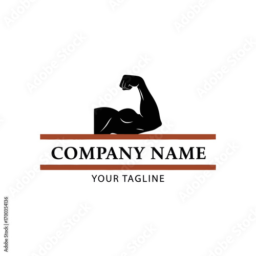 A minimalist logo template featuring a black silhouette of a muscular arm flexing its bicep, symbolizing strength and power.