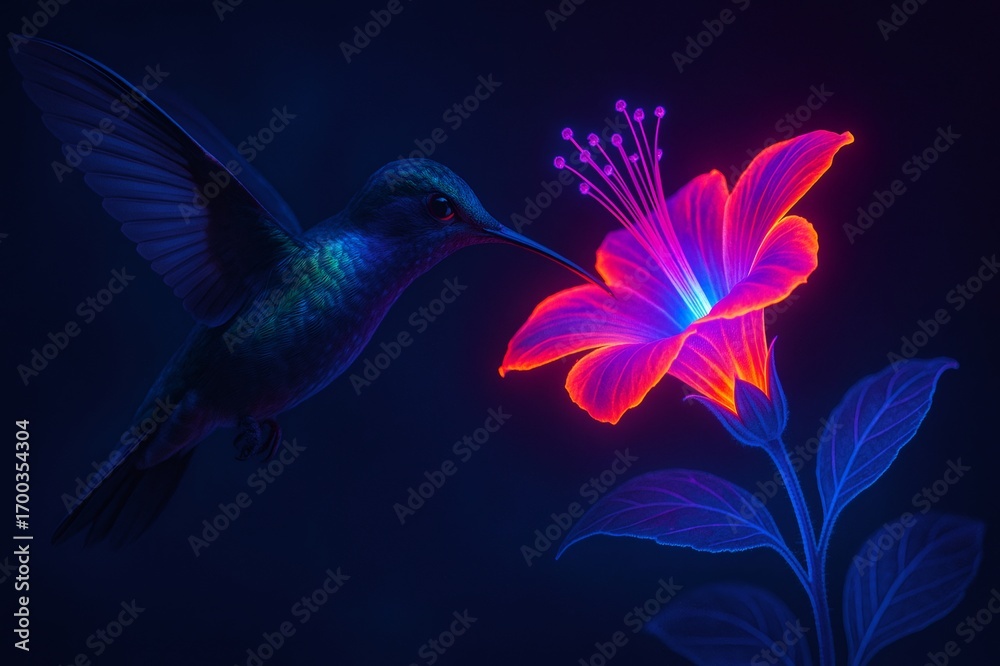 Fototapeta premium Hummingbird with shimmering, iridescent feathers hovering near a vibrant, glowing neon flower in a dark, enchanting environment