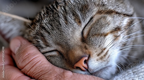 Close-up of a sleeping tabby cat's face being gently held by a human hand showing comfort and companionship
