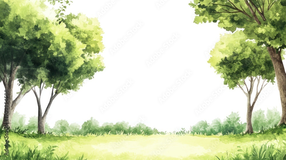 Fototapeta premium Green trees grassy meadow watercolor