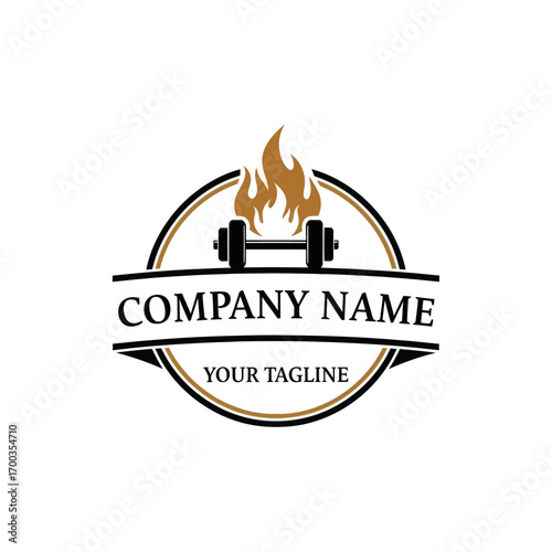 Vintage logo design featuring a stylized dumbbell with flames, and a company name and tagline.
