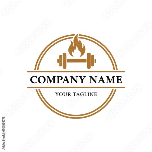 A stylized circular logo featuring a dumbbell with flames above it, symbolizing a fitness company's brand identity with placeholder text for company name and tagline.