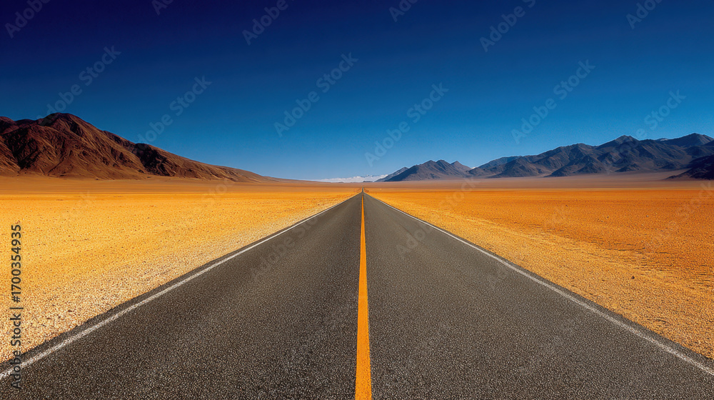 Fototapeta premium Long, straight road stretches through vast desert landscape, flanked by mountains under clear blue sky. scene evokes sense of adventure and solitude, inviting exploration
