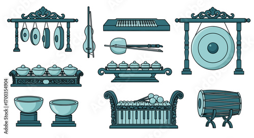 Collection of traditional Indonesian gamelan musical instruments for cultural performance
