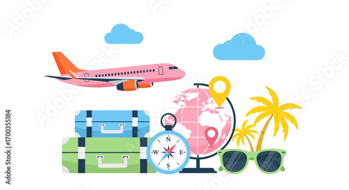Exciting journey ahead with airplane, luggage, globe, and travel essentials for a perfect vacation.