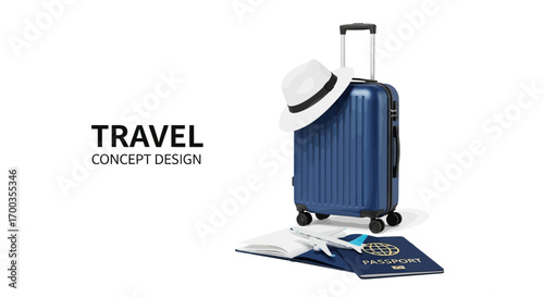 Ready for adventure with a blue suitcase, passport, and airplane ready for a journey.