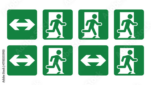 A set of eight green emergency exit signs arranged in a 2x4 grid 