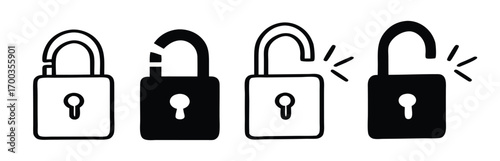 Lock icon collection. Locked and unlocked black line icon set. Flat security symbol. 