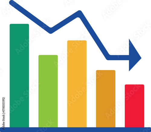 Colorful bar chart with downward trend line showing financial loss and business decline