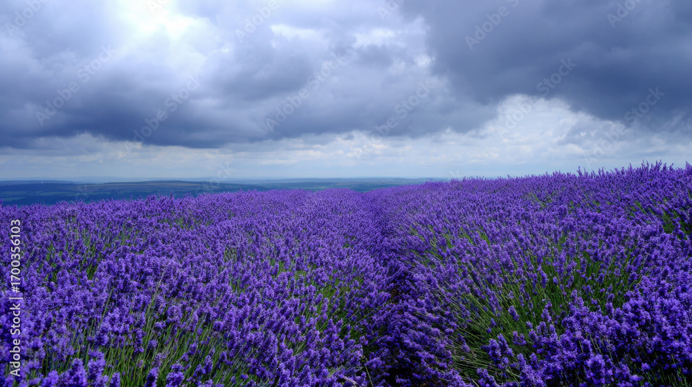 Naklejka premium Lavender fields stretch across landscape, showcasing vibrant purple blooms under dramatic sky filled with gray clouds. scene evokes sense of tranquility and natural beauty