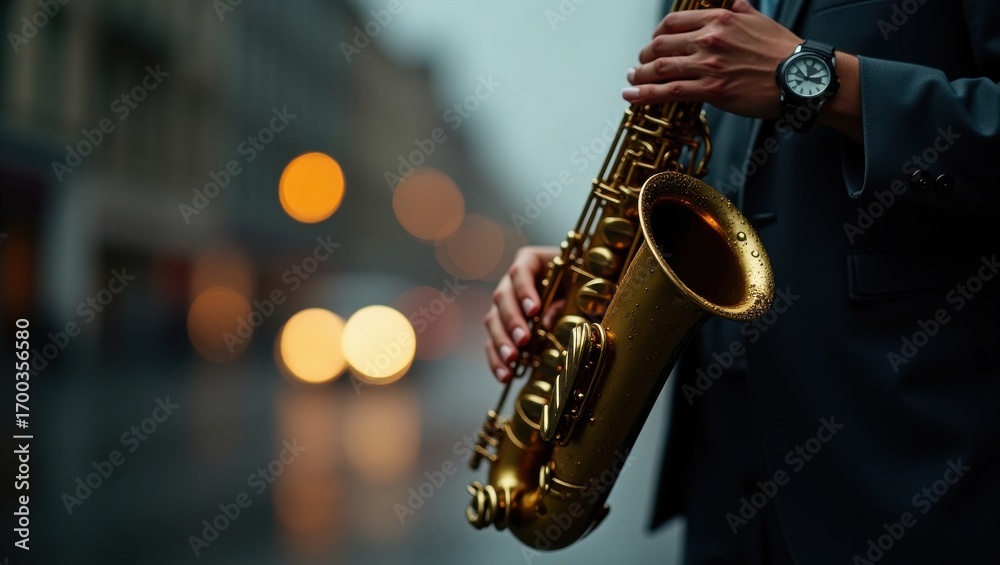 Fototapeta premium Musician holding a golden saxophone with blurred city lights in the background