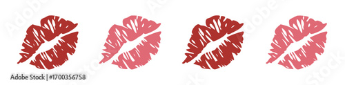 Set imprint kiss lips. Red, pink and brown silhouettes isolated on transparent background.