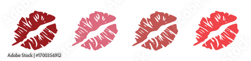 Set imprint kiss lips. Red, pink and brown silhouettes isolated on transparent background.