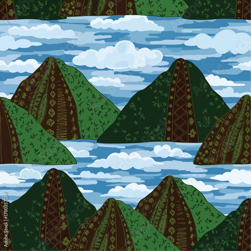 Scenic mountain range landscape illustration with clouds and patterned peaks, patern seamless, royalty stock.