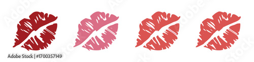 Set imprint kiss lips. Red, pink and brown silhouettes isolated on transparent background.