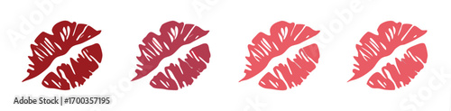 Set imprint kiss lips. Red, pink and brown silhouettes isolated on transparent background.