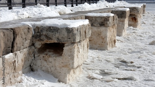 the scene captures a stone barrier or retaining wall alongside a body of water during winter