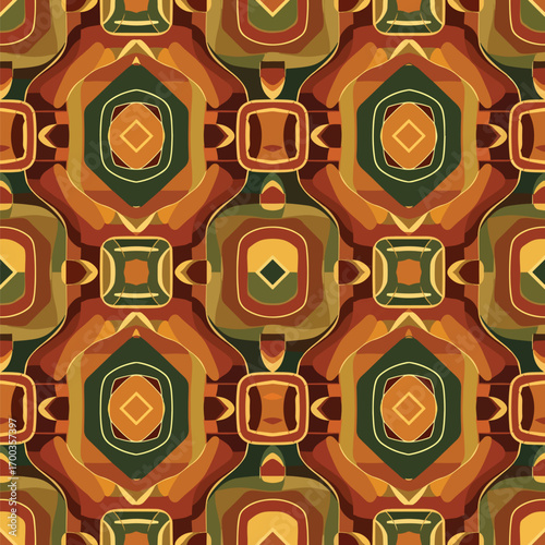 Retro styled geometric pattern with earthy tones and abstract shapes repeats seamlessly, seamless pattern, Stock royalty.