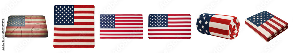 Fototapeta premium American flag textile set including vintage, folded, flat, and rolled blankets isolated. Patriotic celebration and national holiday designs.