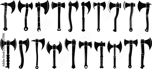 Collection of battle axe silhouette vector illustrations, medieval weapon icons, fantasy combat tools, double headed axe designs for graphic use
