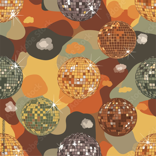 Retro disco ball pattern with seventies color palette and abstract shapes, patern seamless, Stock royalty image.