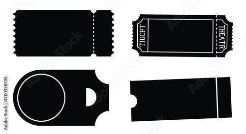 Collection of four black silhouette ticket icons for events and entertainment use vector