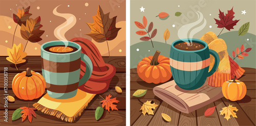 "A close-up of a steaming mug of coffee on a rustic wooden table, surrounded by fallen leaves, a small pumpkin, and a cozy knitted scarf.