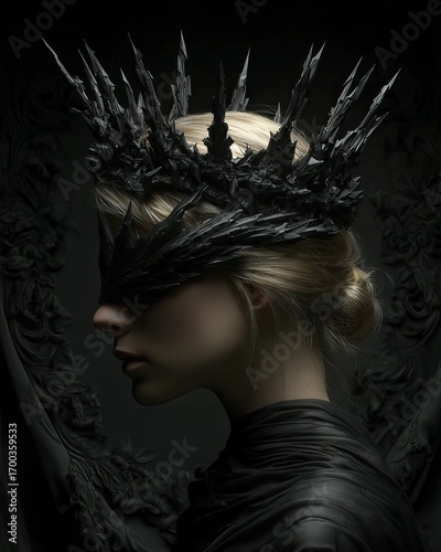 A mysterious figure with a dark obsidian crown obscures their eyes, themes of elegance and intrigue against a shadowy backdrop.