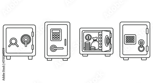 Set of four hand-drawn safes showing different security features and contents for valuables vector