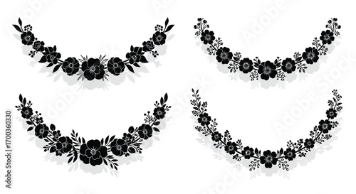 Elegant black floral garlands with leaves and blossoms decorative accents for design vector