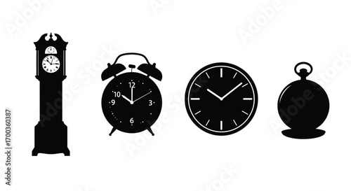 Silhouette collection of antique and modern clocks showing different times vector