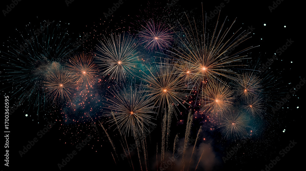 Naklejka premium Multiple colorful fireworks bursting in dark night sky