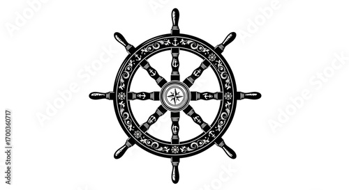 Ornate ship's wheel with detailed carvings and a central compass rose, displayed on a white background.