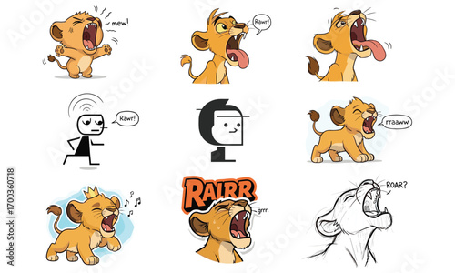 Cartoon lion cub roaring expressions, funny animal illustration, comic roar styles, expressive characters, cute roar poses, humorous lion sounds, vector art