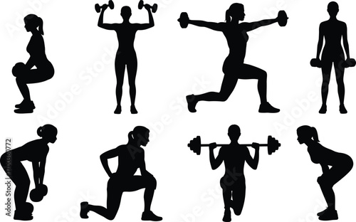 Female fitness silhouette workout poses with dumbbells and barbells, strength training illustrations, gym exercise, bodybuilding, active lifestyle vector