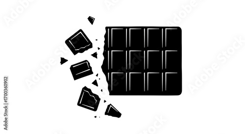 A broken chocolate bar with pieces flying apart, a simple graphic design.